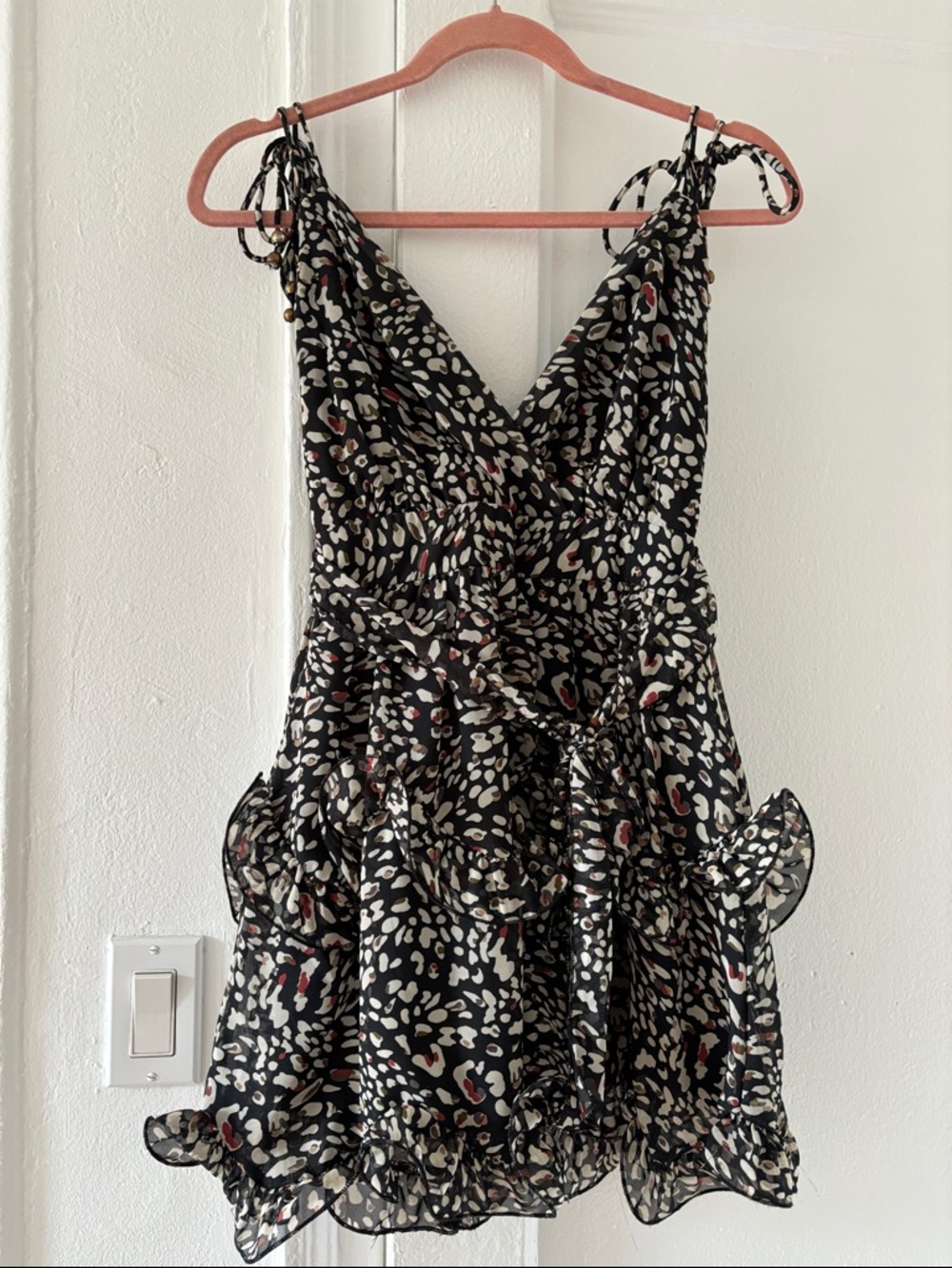 Black Animal Print Ruffle Tie-Shoulder Mini Dress